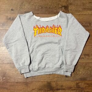 Thrasher Magazine Flame Logo Gray Sweatshirt Custom Cut Off Neck Skater DIY